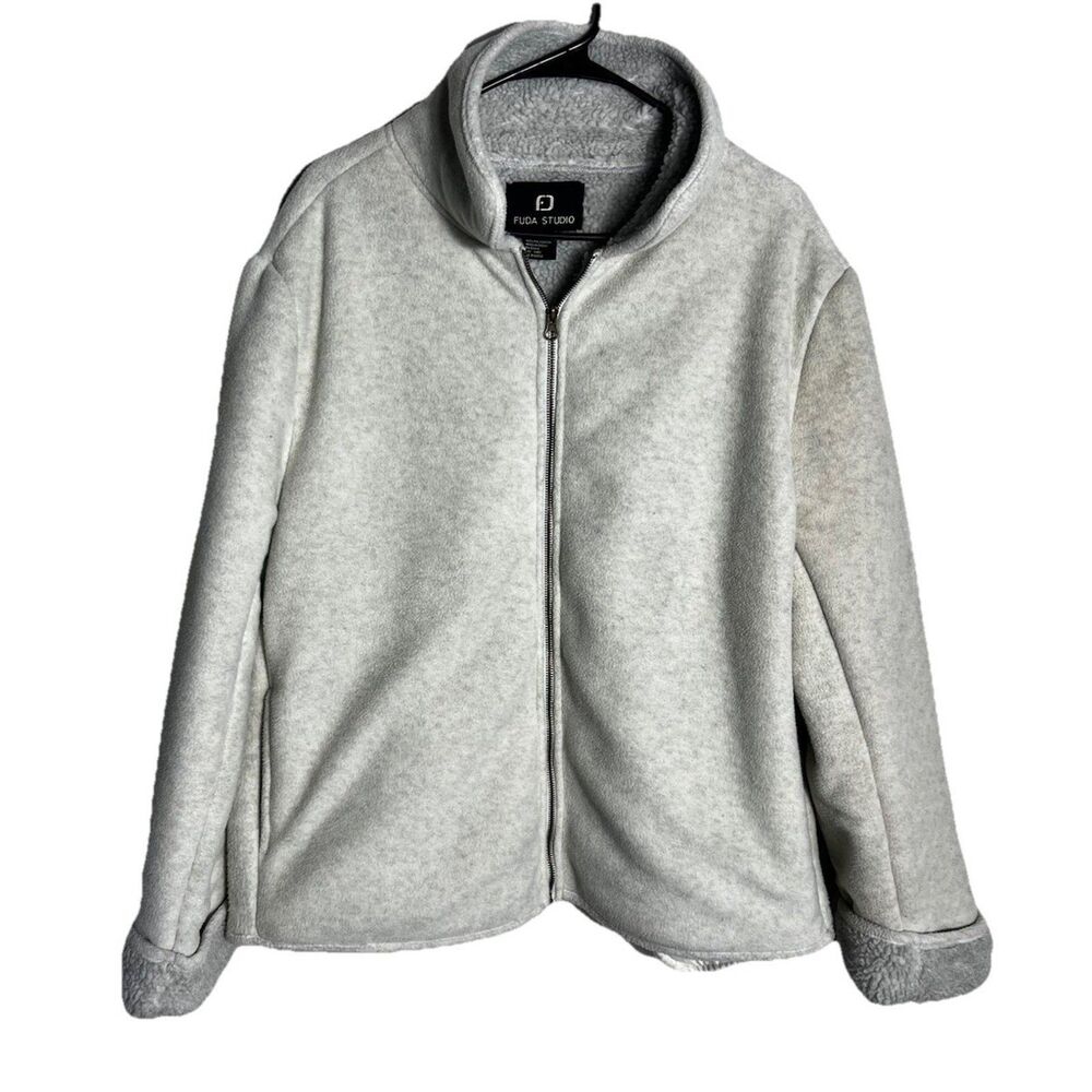 Vintage Fuda Studio Jacket Women’s L Gray Sherpa Fleece Zip-Up Soft Cozy Retro